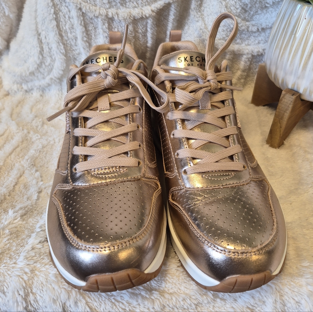 NEW Skechers Uno Metallixs Rose Gold Sneakers Lace Up Memory Foam Women's Sz 10 - Picture 5 of 14